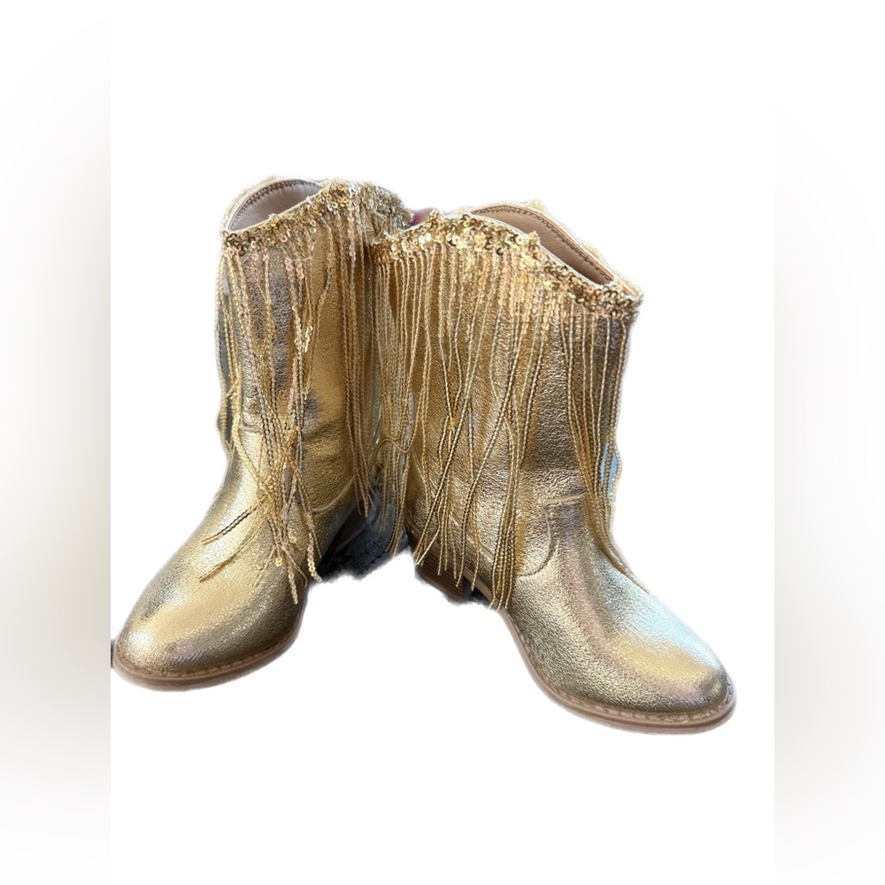 Kids Gold Fringed Heeled Boots